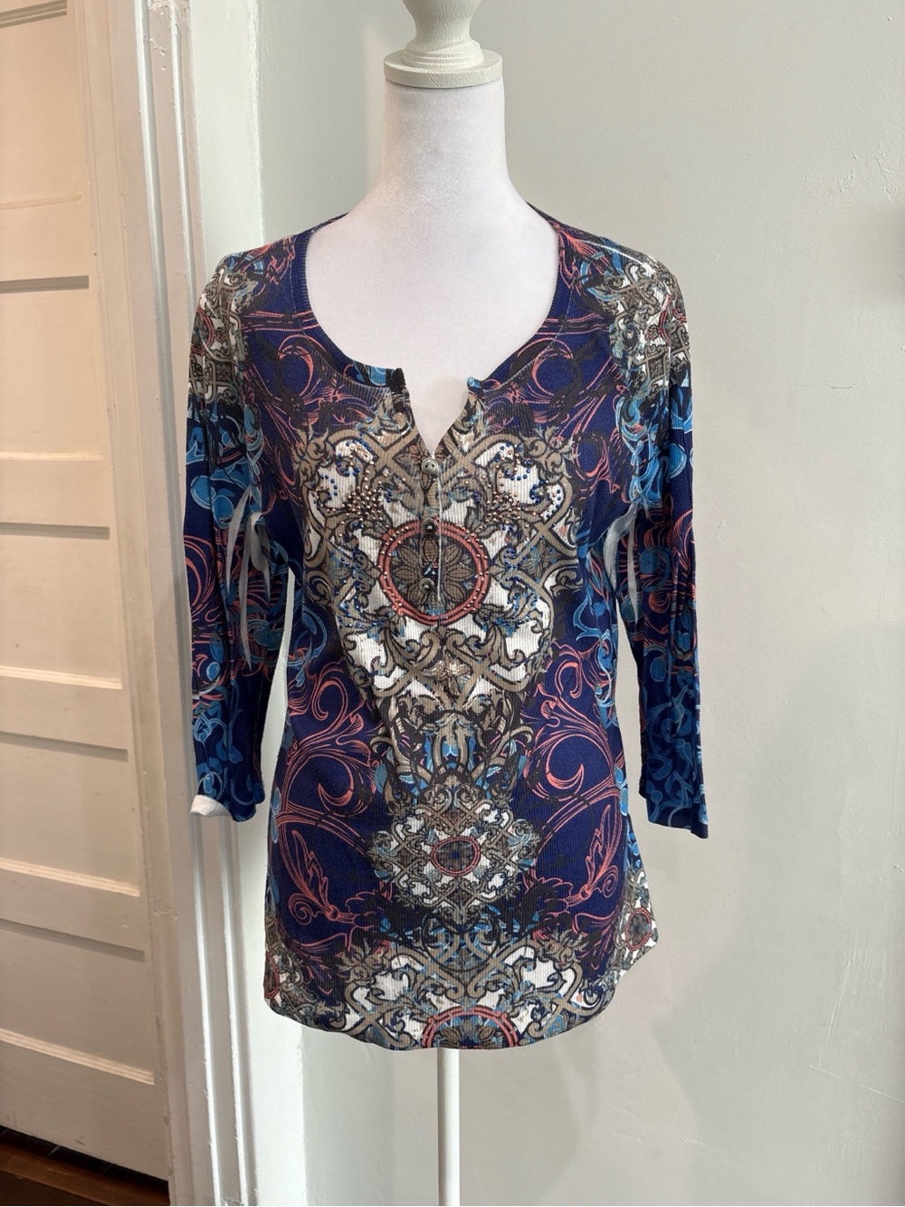 Style & Co. Blue Multi-Patterned V-Neck Long Sleeve Top